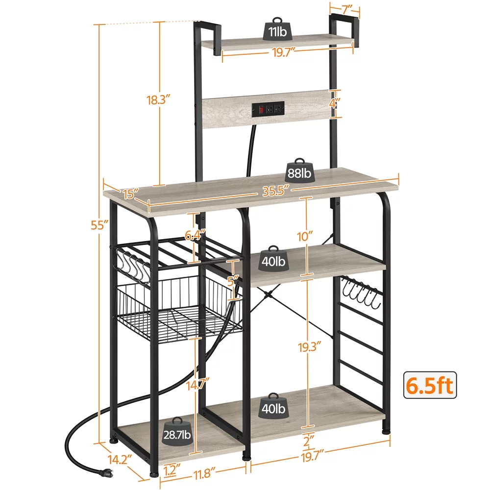 Yaheetech 55'' H 4-Tier Baker's Rack with Power Outlet and 10 S-Hooks, Gray