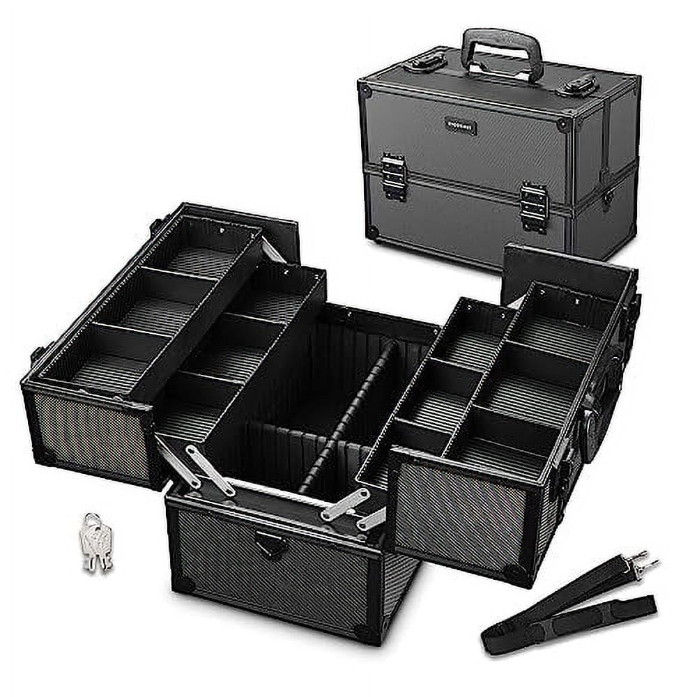 BYOOTIQUE 14 inch Makeup Train Case Pro Adjustable 4 Trays Cosmetic Case Storage Organizer Box with Lock Compartments Large Black