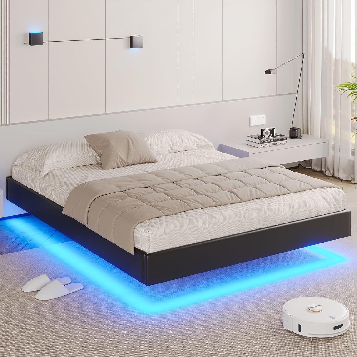 Floating Bed Frame with LED Lights, Queen Size Modern Upholstered Platform Bed Frame, Queen Visual Floating Led Bed,No Box Spring Needed, Easy to Assemble,Black Faux Leather