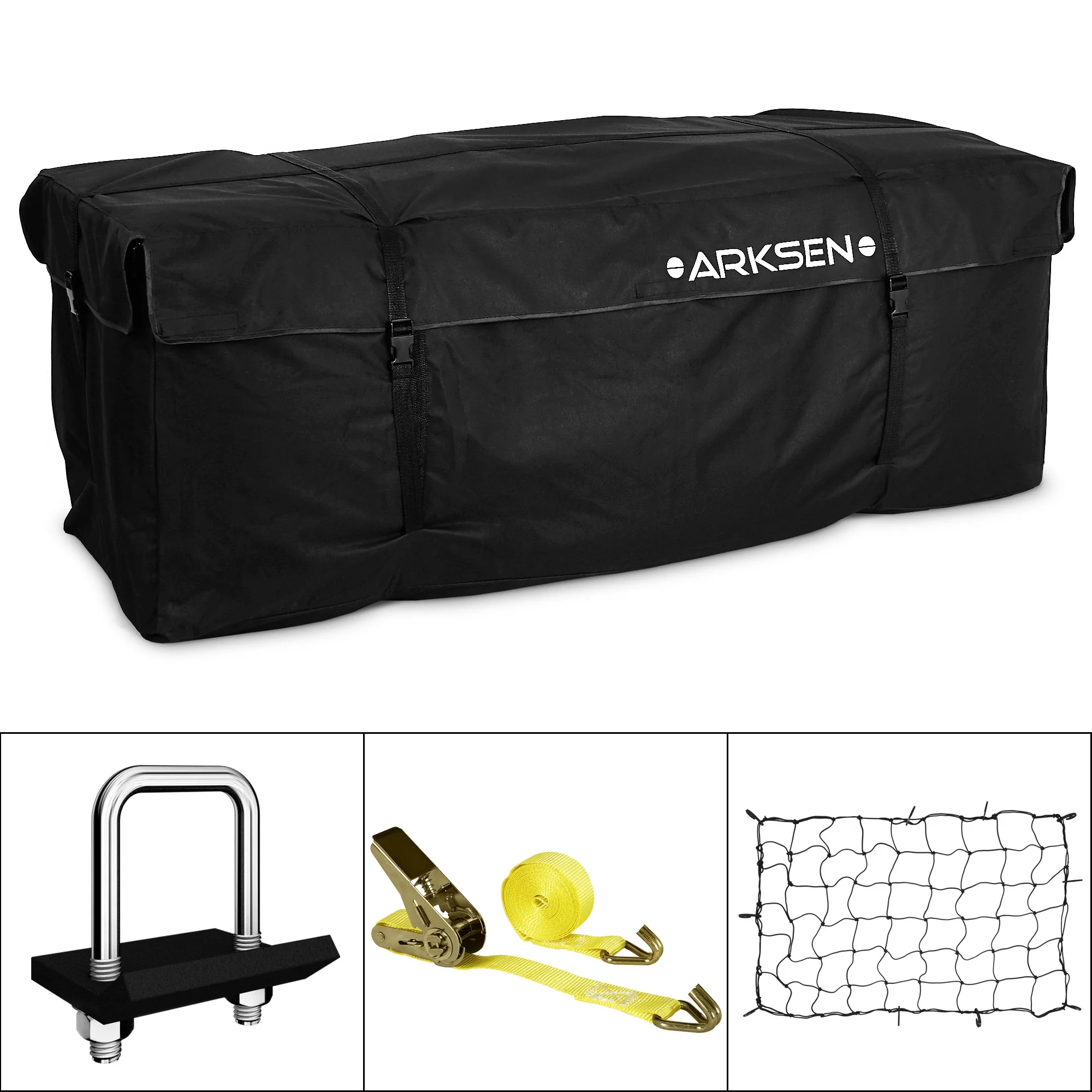 ARKSEN Water Proof Cargo Bag, Cargo Net, Heavy Duty 304 Stainless Steel Hitch Tightener Anti-Rattle Stabilizer, 16FT Ratchet Lashing Straps Combo Set