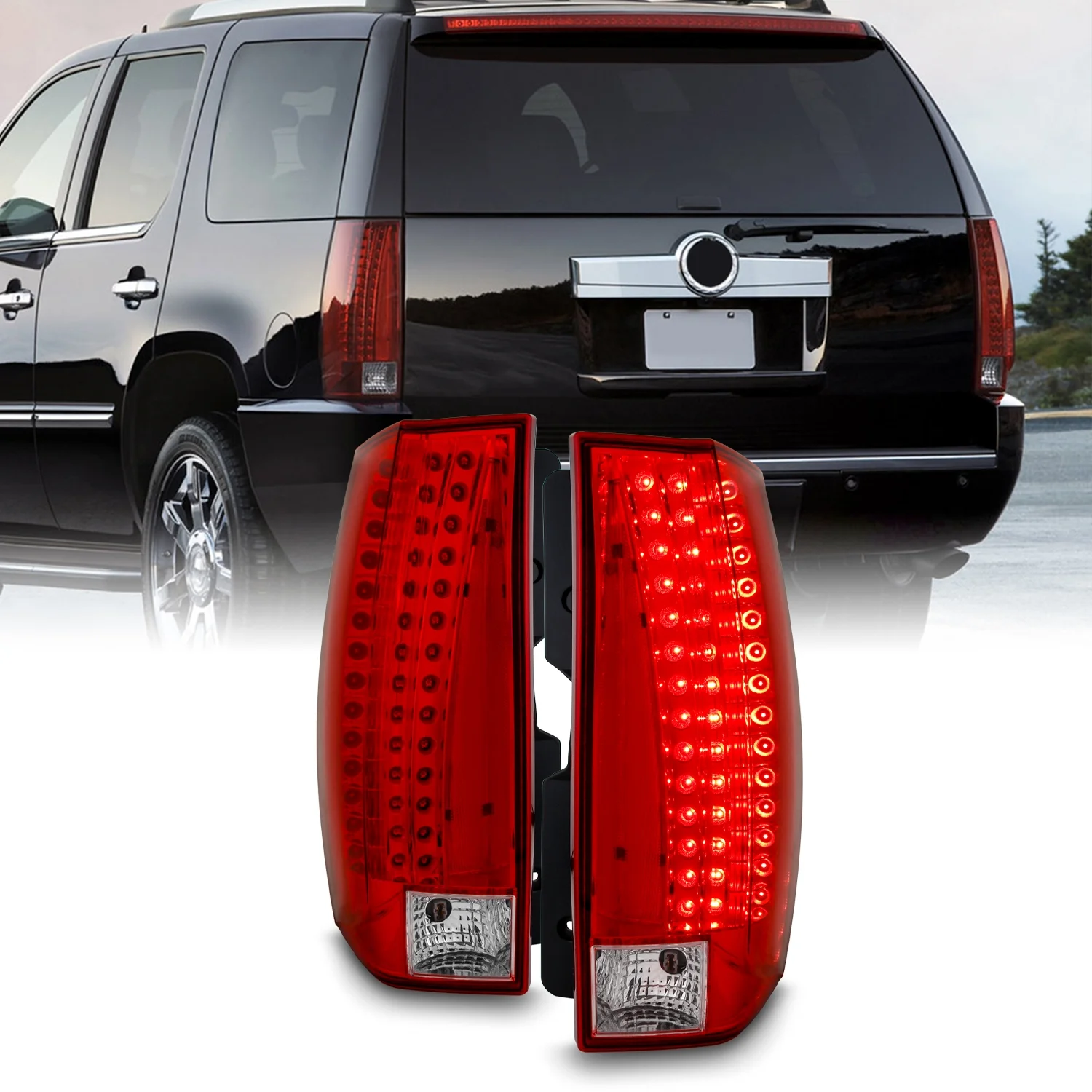 AKKON - Fits 2007-2014 Cadillac Escalade ESV SUV LED Chrome Red Tail Lights Brake Lamp Pair Driver Left+Passenger Right