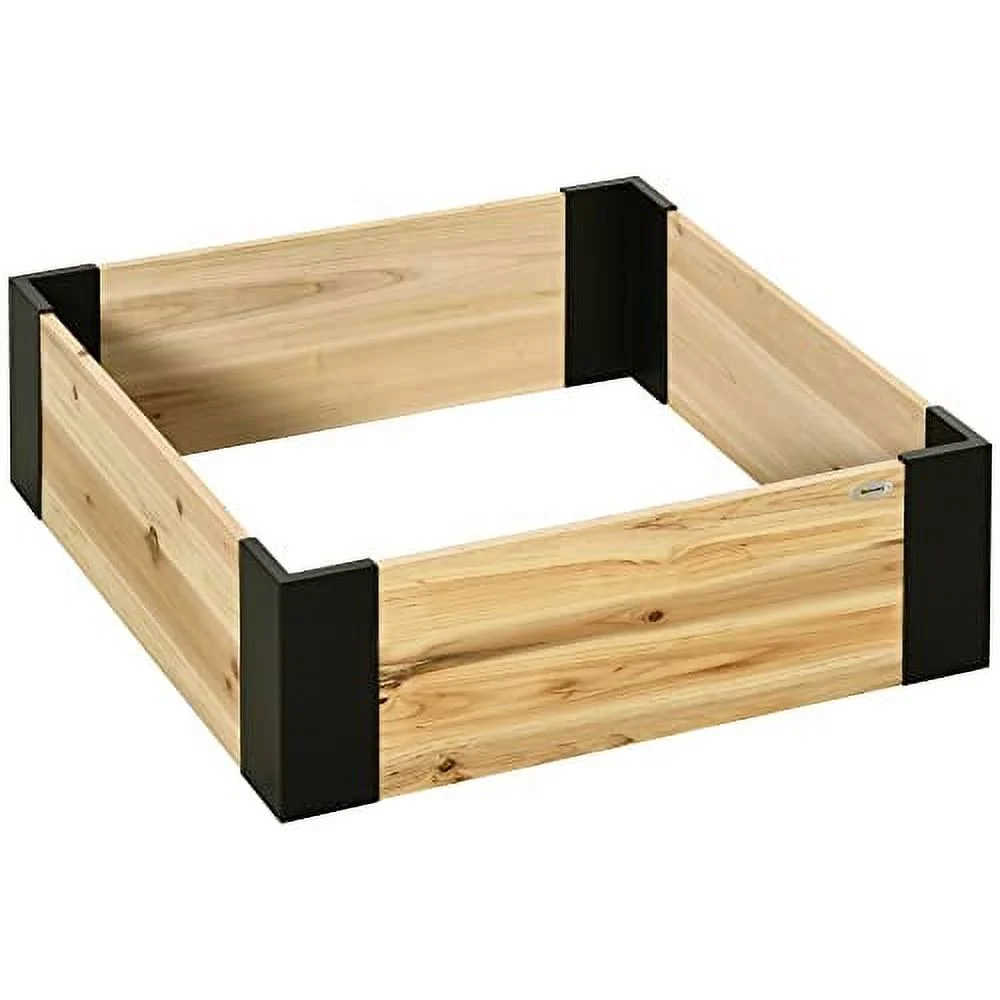 Outsunny Wooden Raised Garden Bed Kit, Elevated Ground Planter Box with Metal Bracket, 31.5 x 31.5 x 11in Square, for Vegetables, Fruits, Herbs, Succulents, Lawn, Yard, Natural