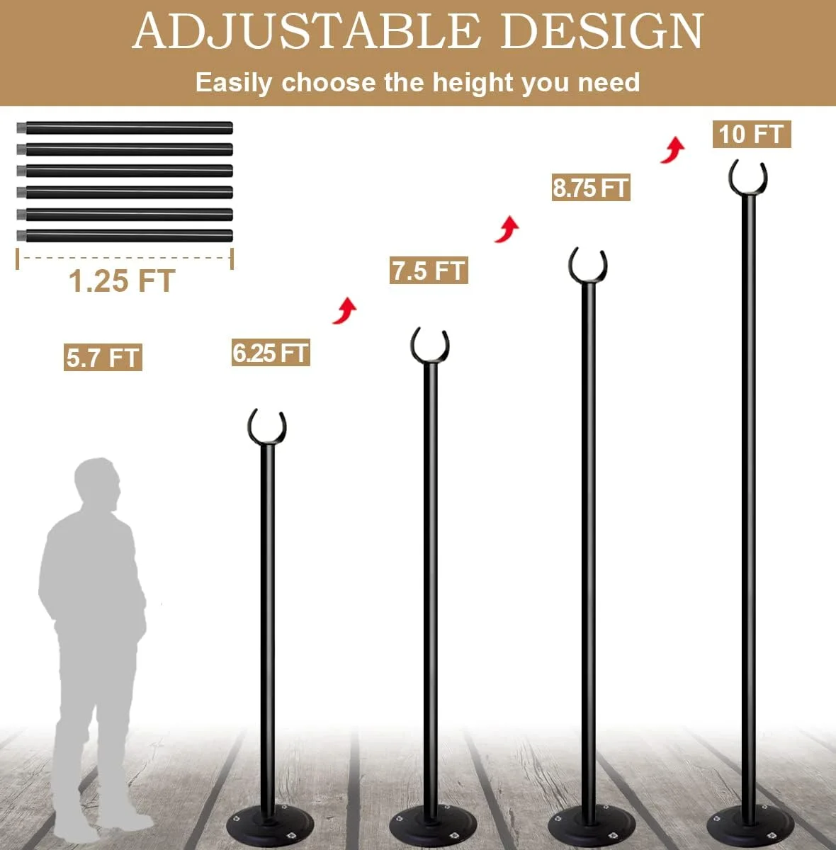 10ft String Light Poles for Outdoors, Outside Light Poles for Hard Ground Surface, Backyard, Patio, Outdoor Lighting, Matte Black, 2 Pack