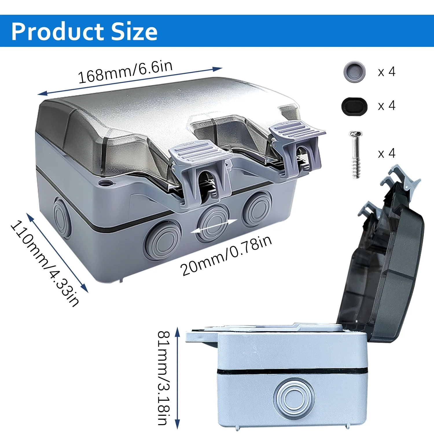 QIPUNEKY IP66 2-Gang Outdoor Electrical Outlet, 15A 110-250V Outdoor Socket with Weatherproof Outlet Cover