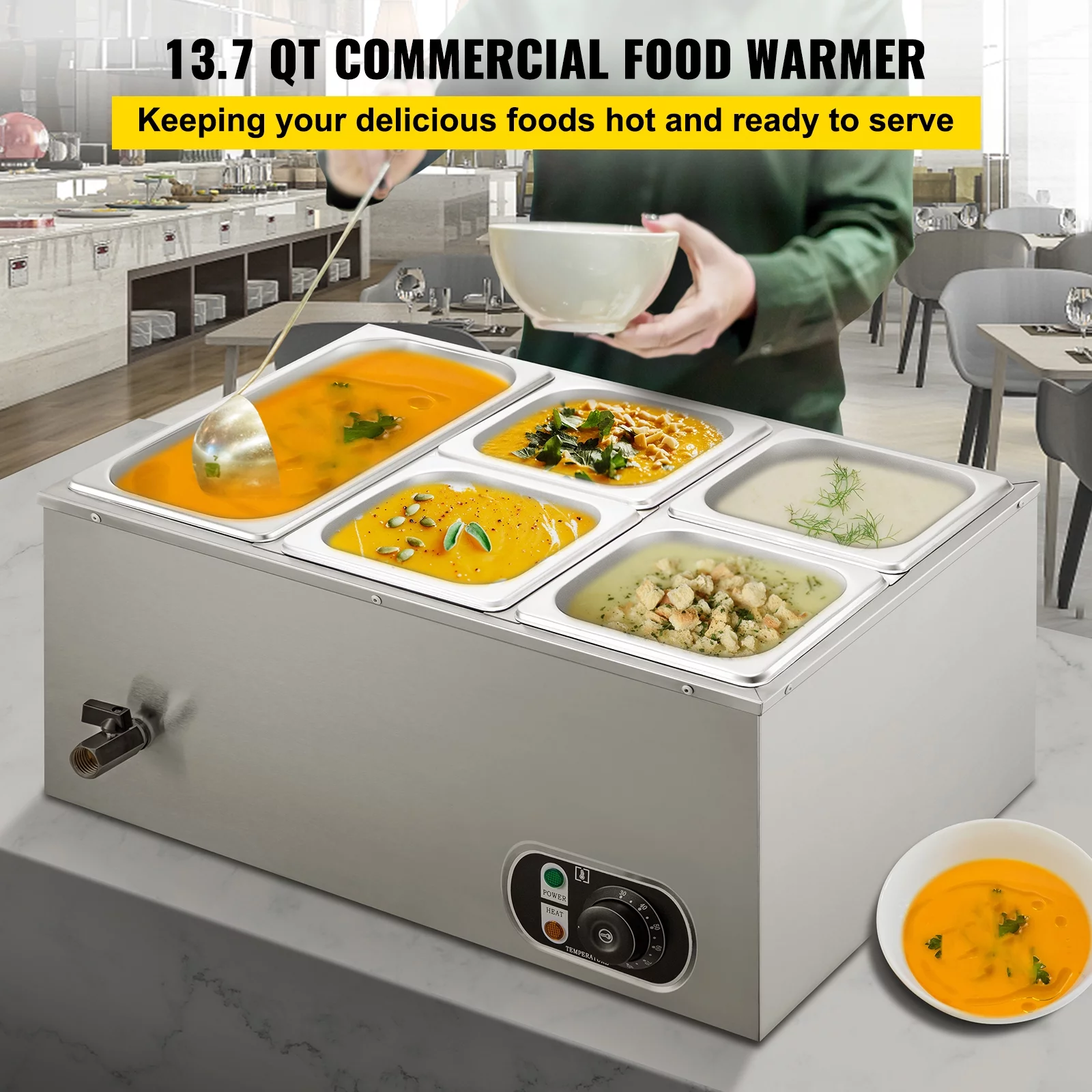 BENTISM Commercial Food Warmer Bain Marie 5-Pan 24Qt Buffet Food Warmer Stainless Steel