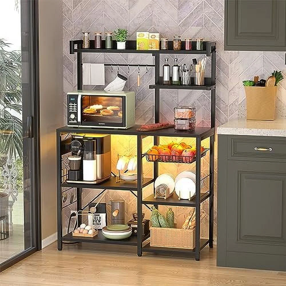 Bakers Rack with Power Outlet and LED Light Strings  Microwave Oven Stand Kitchen  Shelf with Wire Basket  Coffee  Station Island Table with 10  for Spices  Pots  Rustic Brown