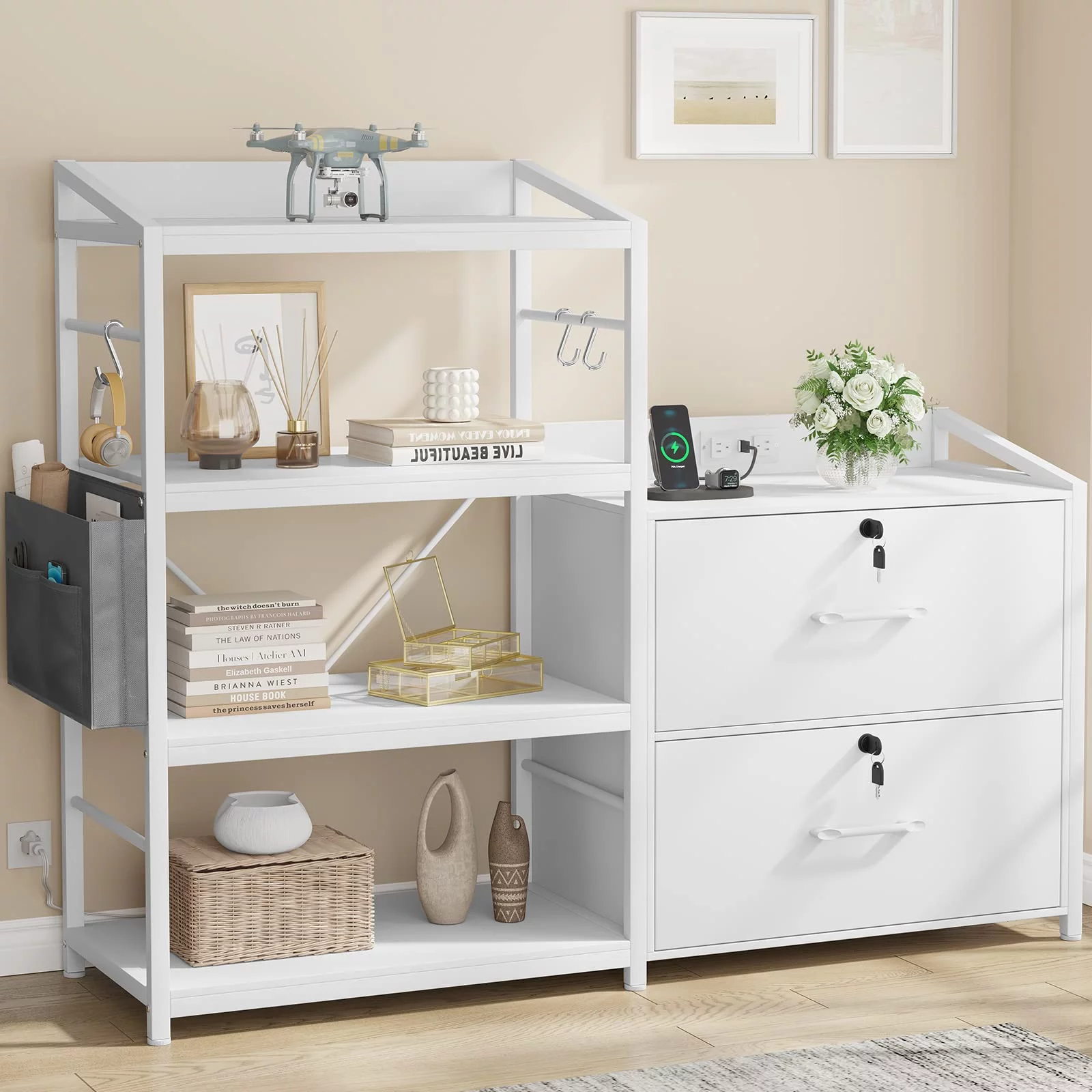 47” Filing Cabinet with Power Strip, 2 Drawer File Cabinet with Lock, White Finish