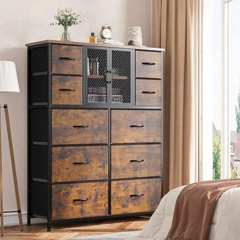 SQSFCB Dresser Tall Dressers for Bedroom with Mesh Door Dressers & Chests of Drawers with 10 Fabric Drawer Dresser Organizer Metal Frame Wood Top for Closet Entryway Black 38" Wx1