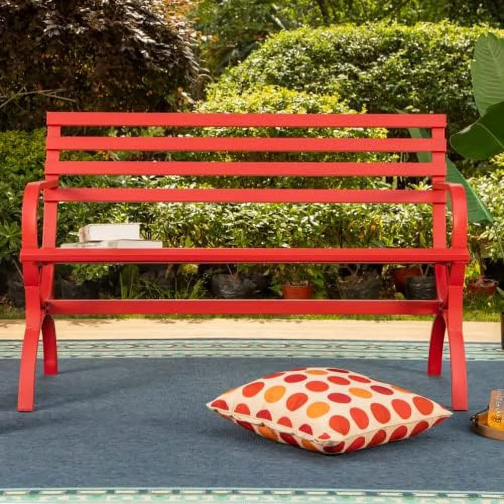 SQHJV Outdoor Garden Patio Bench Iron Metal Steel Frame Park Bench with Backrest and Armrest for Lawn Porch Backyard Balcony-Black