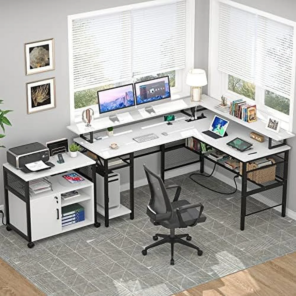 TJCGDTY Reversible L Shaped Desk  Cool 55 Inch Corner Computer Desk with Smart Strip Light and Magic Power Outlet  Sturdy Office Table with Monitor Stand and   Elegant Grid Design  Light