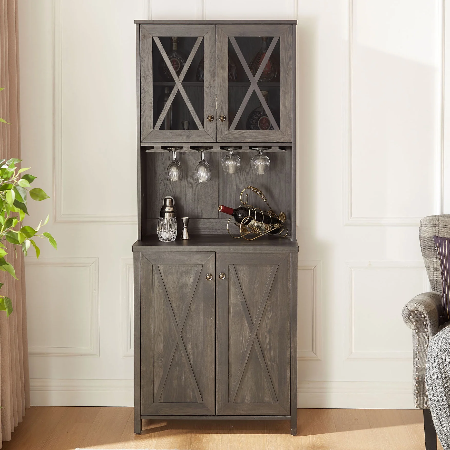CQSXDA Farmhouse Bar Cabinet for Liquor and Glasses, Dining Room Kitchen Cabinet with Wine Rack, Sideboards Buffets Bar Cabinet L26.89''*W15.87''*H67.3'' Charcoal Grey