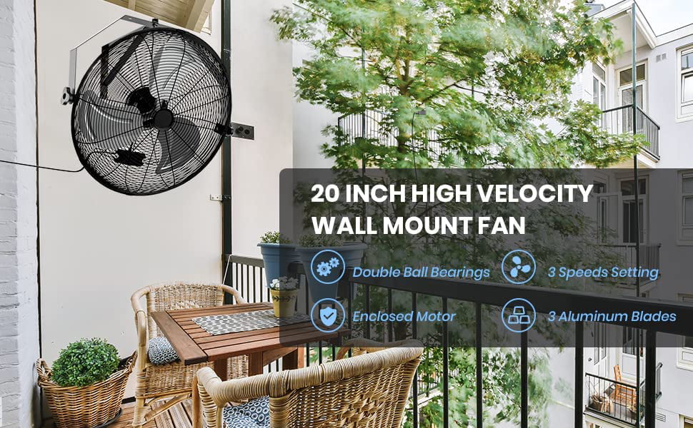 Simple Deluxe 20 inch High Velocity Wall Mount Fan with Rack and L-Iron, 3 Speed Industrial Metal Ventilation Fan