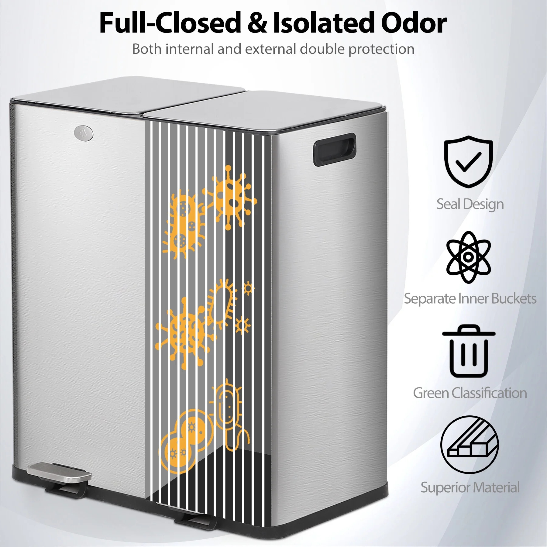 ZENSTYLE 2 x 8-Gallon Trash Can Stainless Steel Kitchen Garbage Can with Step Pedal - Silver