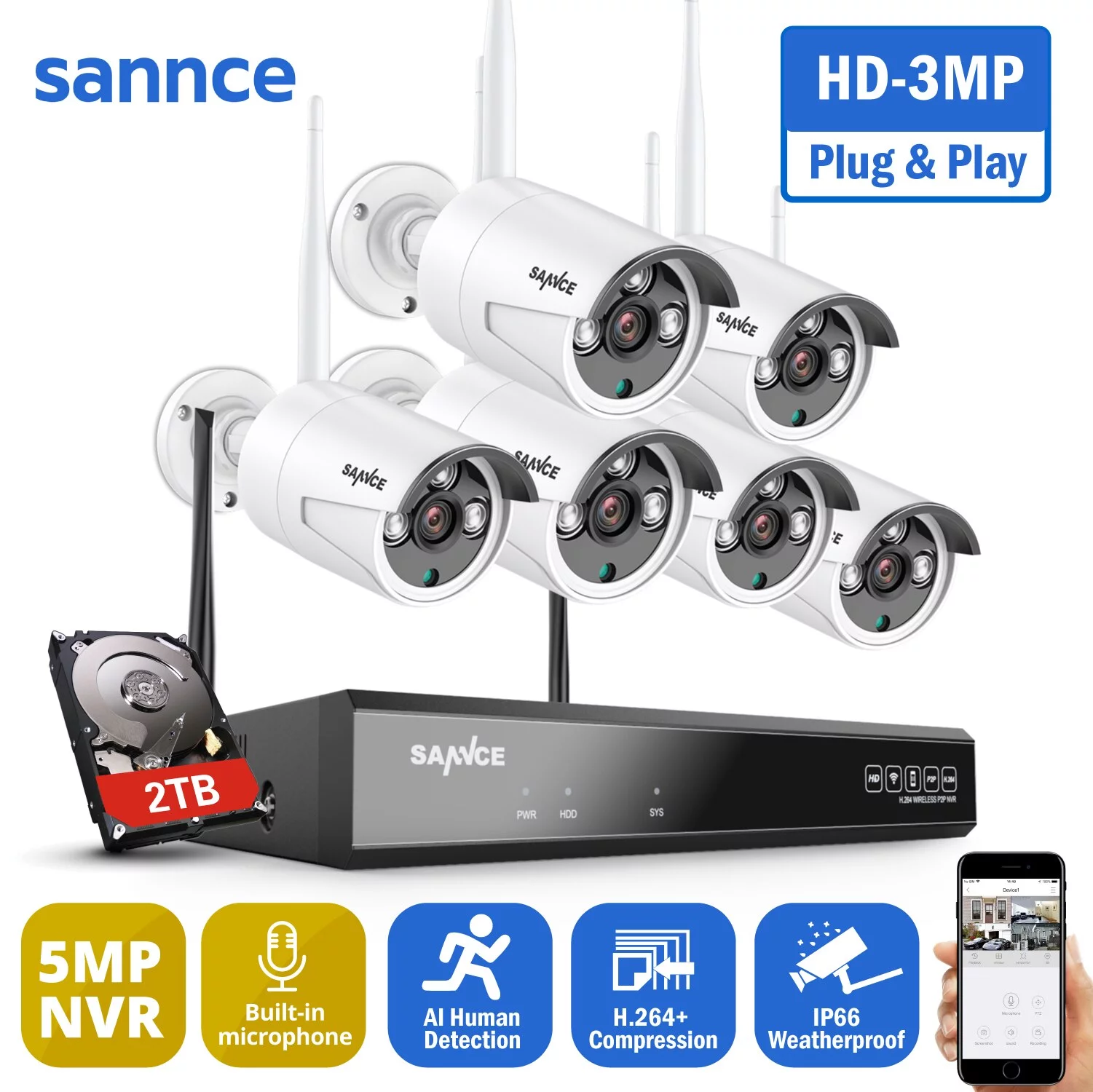 SANNCE 8CH Wireless NVR CCTV System 6PCS 3MP IP Camera WIFI Audio Recording IR Night Vison CCTV Home Security Camera Surveillance Kit with 2T Hard Drive Disk