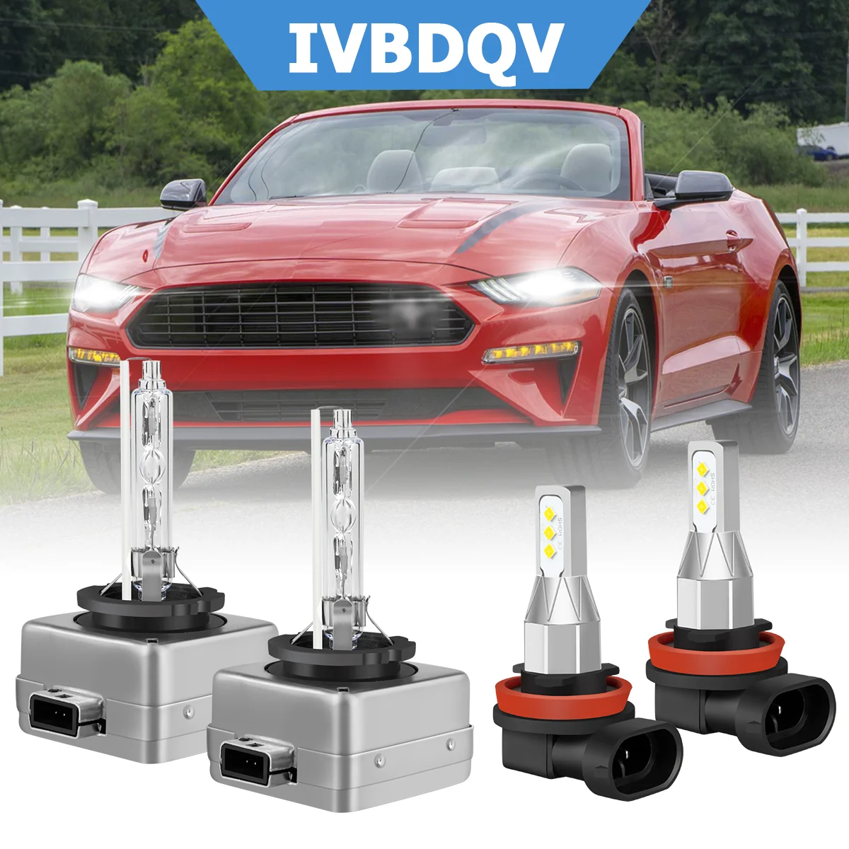 For Ford Mustang 2015-2018 4X Headlights Combo D3S HID High/Low Beam + H11 Fog Light Kits 6000K White