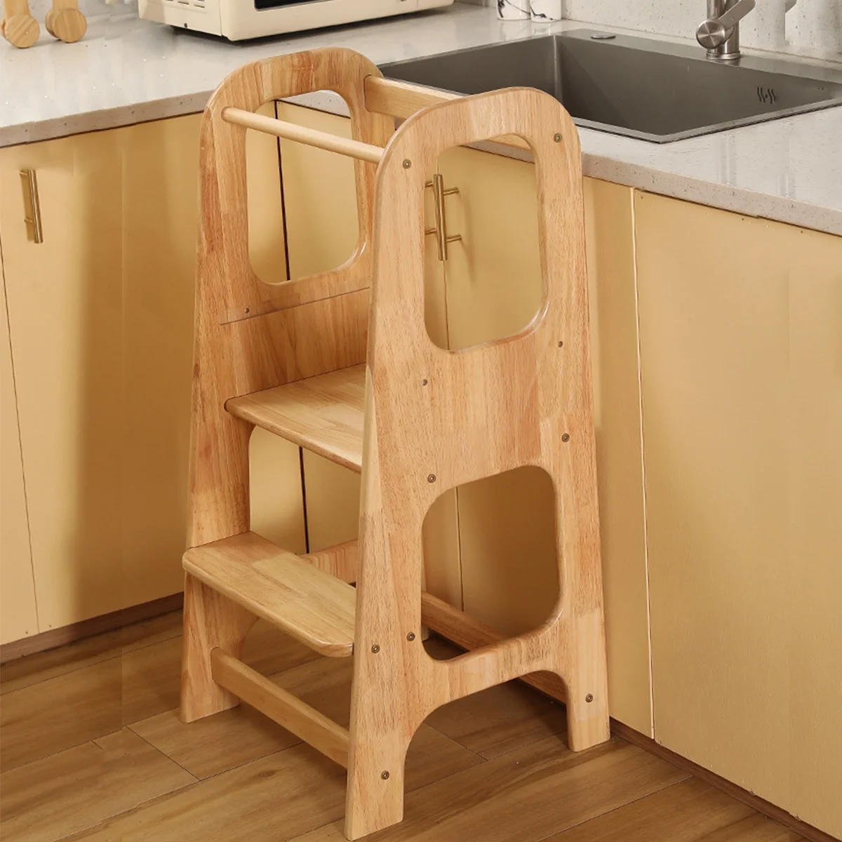 Kitchen Step Stool for Kids, Toddler 2 Step Stool for Sink, Adjustable Height Wooden Learning Furniture