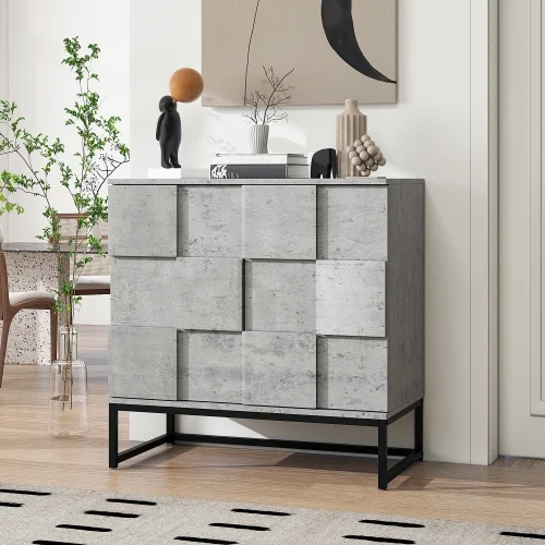 Cabinet with Doors Modern 2 Door Sideboard Buffet with Storage Wood Console Cabinets for Living Room, Kitchen, Dining Room (3D Geometric Concrete Gray)