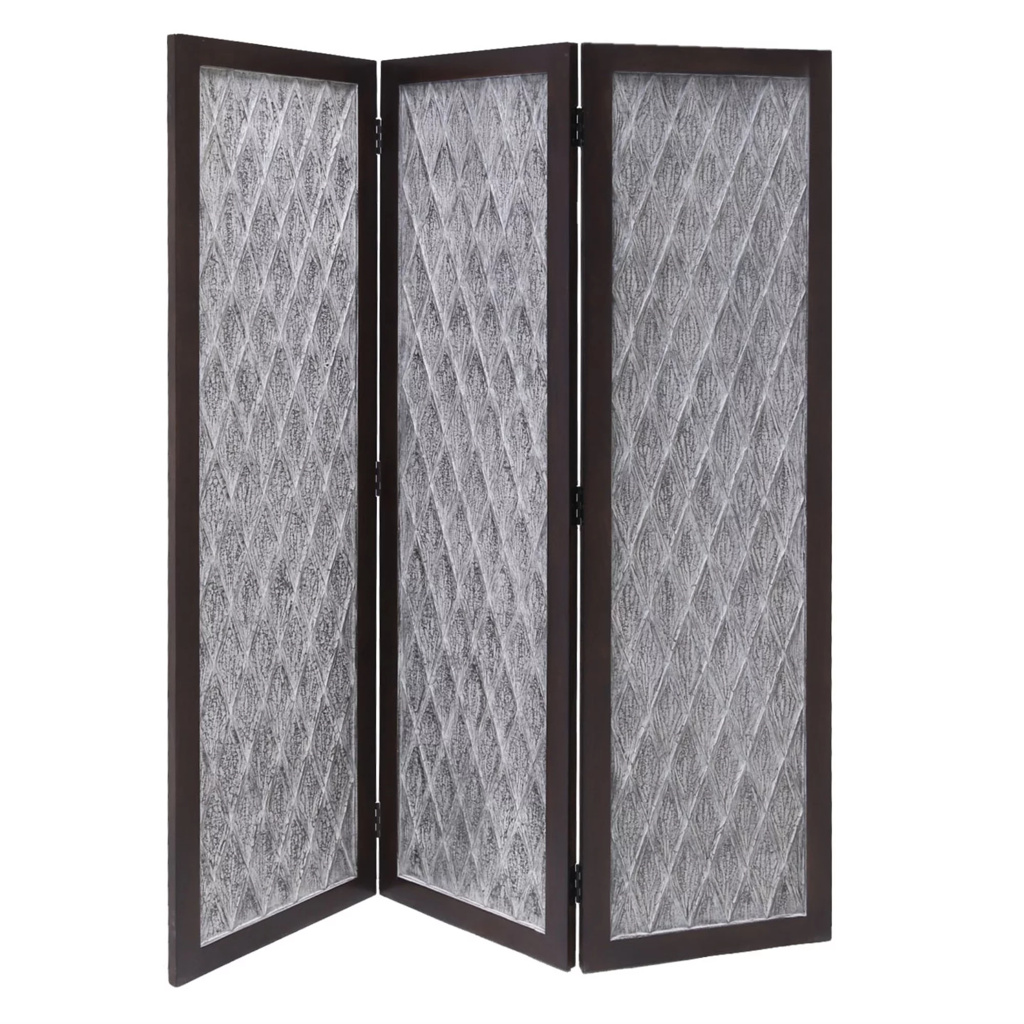 Wooden 3 Panel Room Divider with Textured Diamond Pattern, Gray and Black