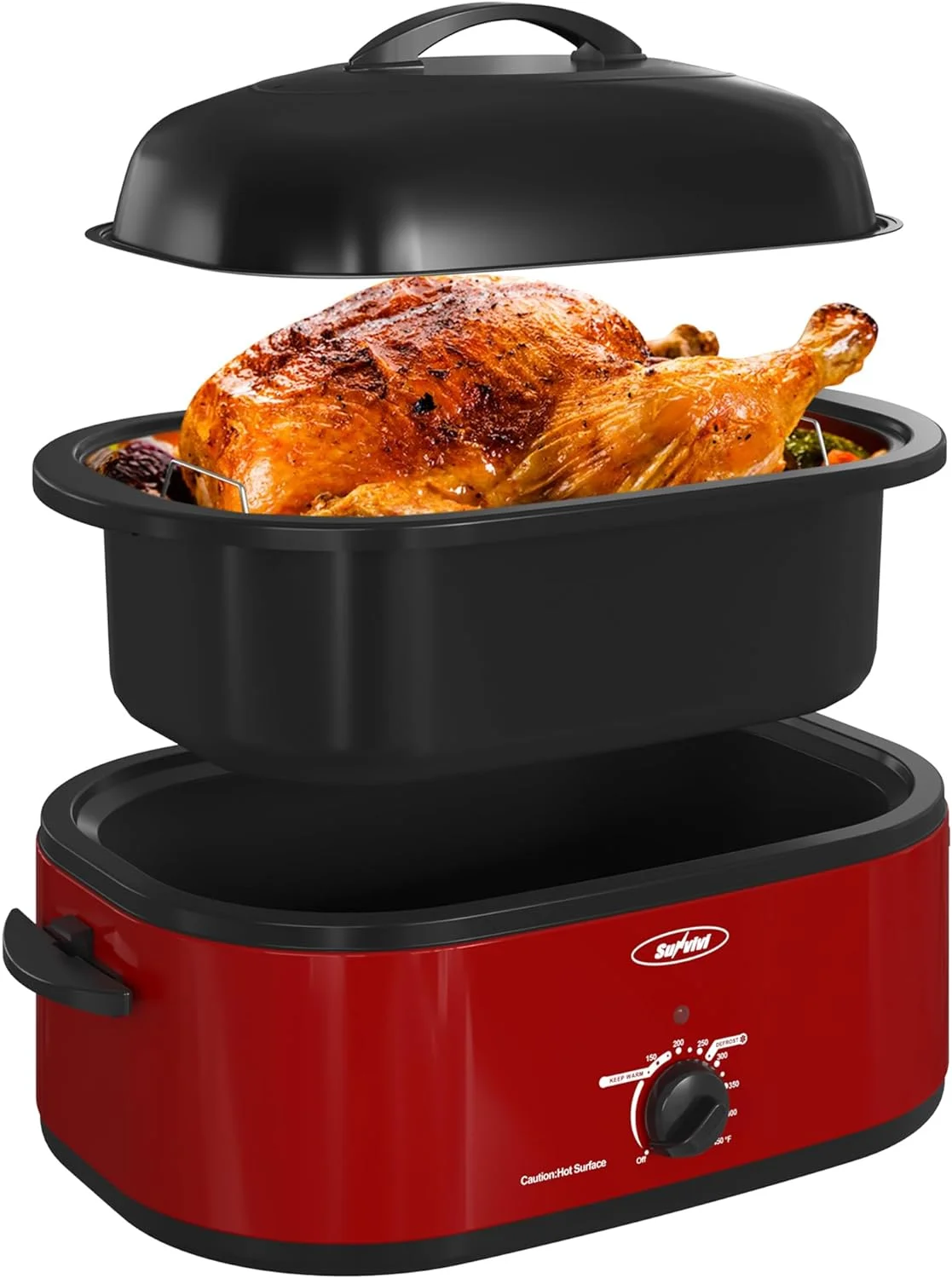 Open Box Sunvivi Roaster Oven Self-Basting, 20 Quart YORO-20N-L - Stainless Steel, Red