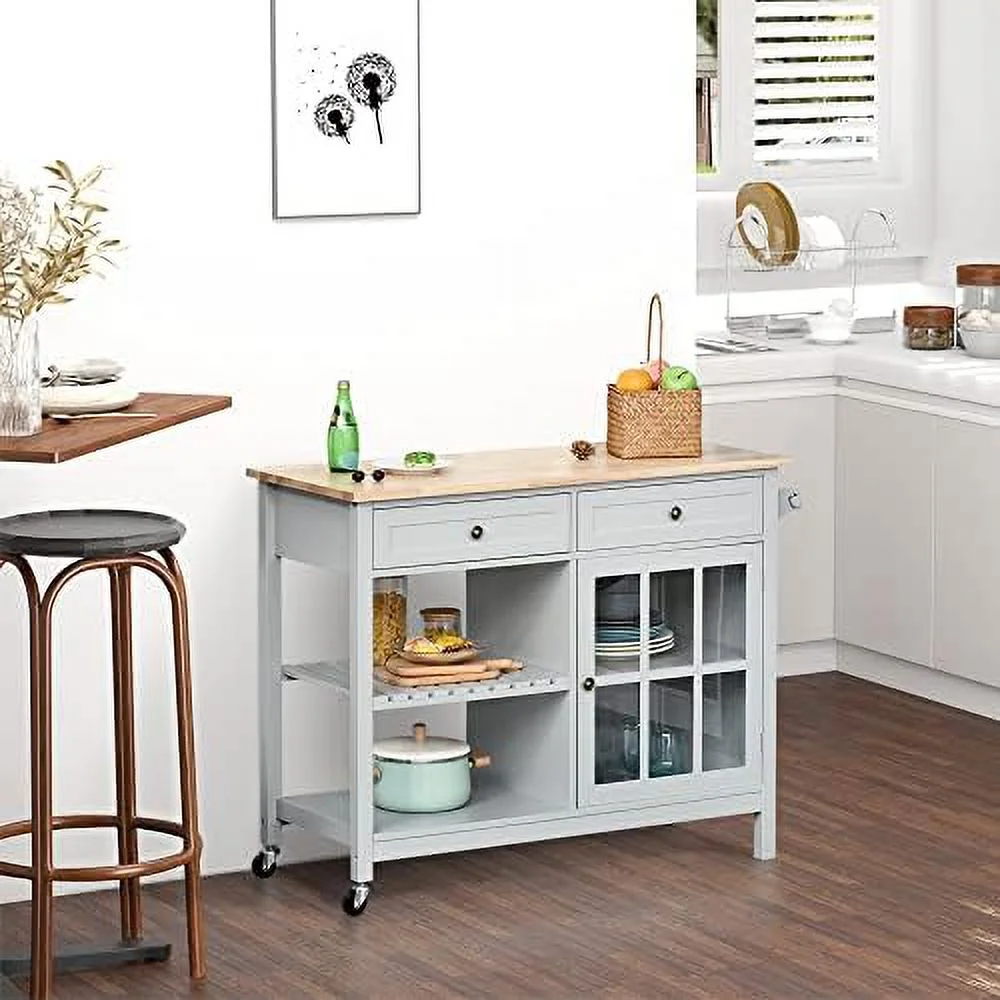 ZFGSUIJN Rolling Kitchen Island with   Kitchen Cart with Solid Wood Top  Glass Door Cabinet  Adjustable   Towel Rack  2 Drawers for Dining Room  Gray