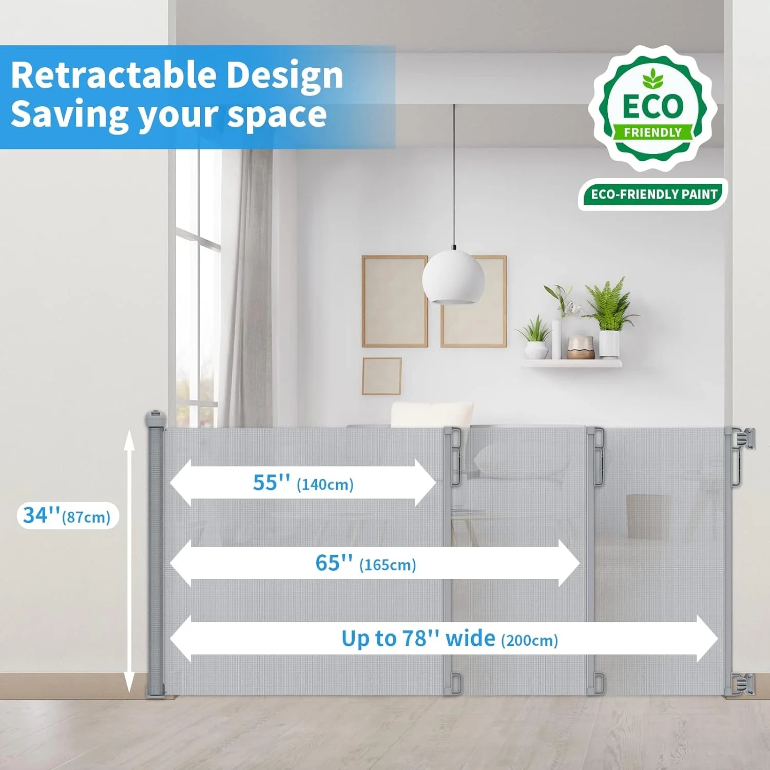 78 Inch Retractable Baby Gate Extra Wide for Large Opening Child Safety Indoor/Outdoor Retractable Mesh 34