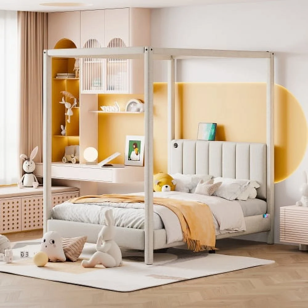 ZJbiubiuHome Queen Size Canopy Platform Bed with USB and Type-C Ports  Canvas  Beige
