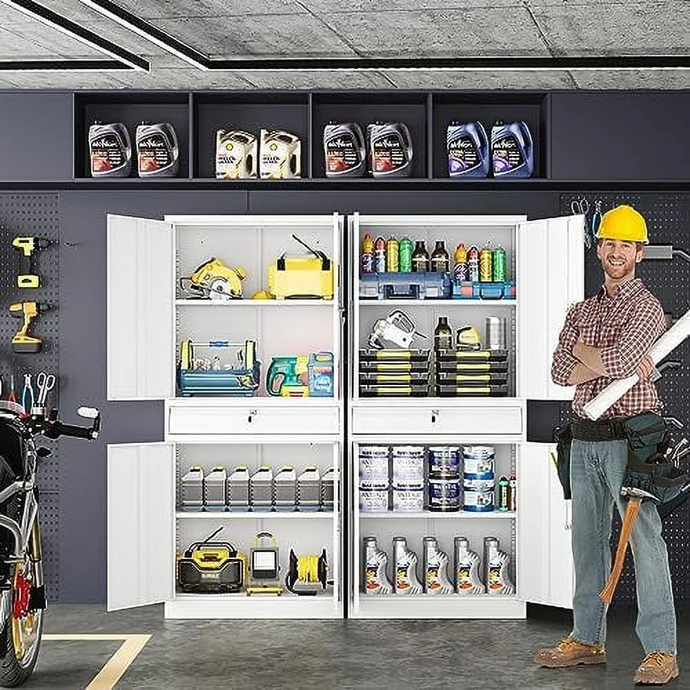 GVJMTKP Metal  Cabinet with Lock - 72" Garage  Cabinet with 2 Locking Doors and 5 Adjustable Shelves  White Steel Lockable File Cabinet for Office Home Garage