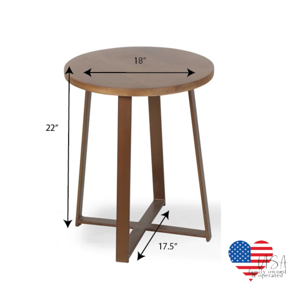 Posh Pollen Ross Round Side Table with Solid Wood Light Sand Brown Finish with Bronze Base