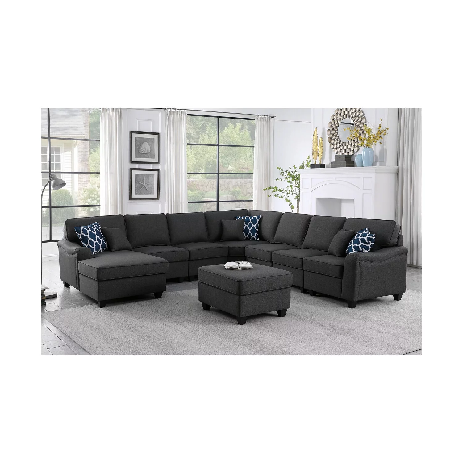 Maykoosh Victorian Elegance Dark Gray Linen 8Pc Modular L-Shape Sectional Sofa Chaise and Ottoman