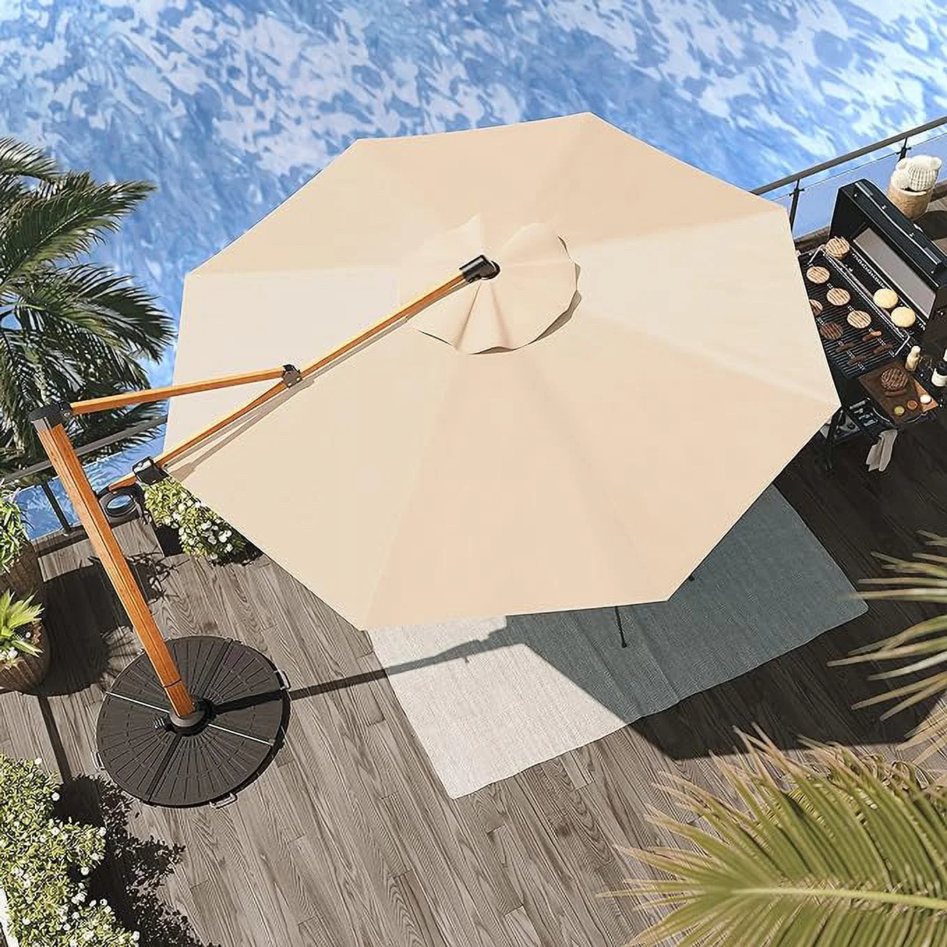 Grand Patio 10-Ft Offset Patio Umbrella, Cantilever Umbrella with Crank & Dual Tilt, Faux Wood Grain Aluminum Large Umbrella, Champagne