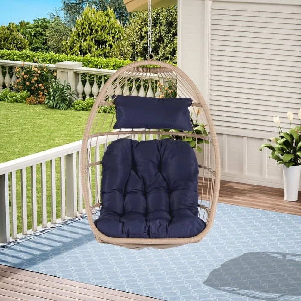 Qulable Outdoor Garden Rattan Egg Swing Chair Hanging Chair WOOD + DARK BLUE