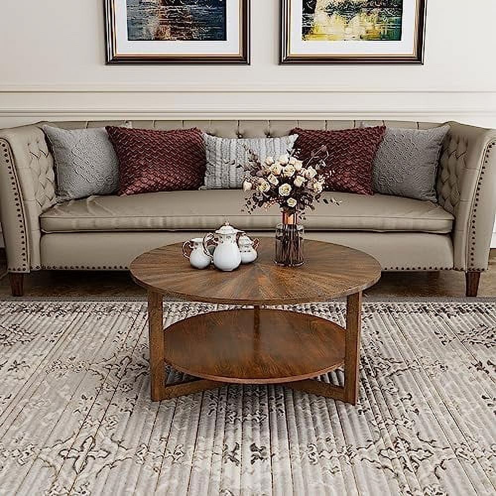 SQTRFCV 33.5" Round Wood Coffee Table  2-Tier Solid Wood Rounded Circle Accent Coffee Table Center Cocktail Table Vintage  for Home Living Room Bedroom Espresso Brown 3338NC