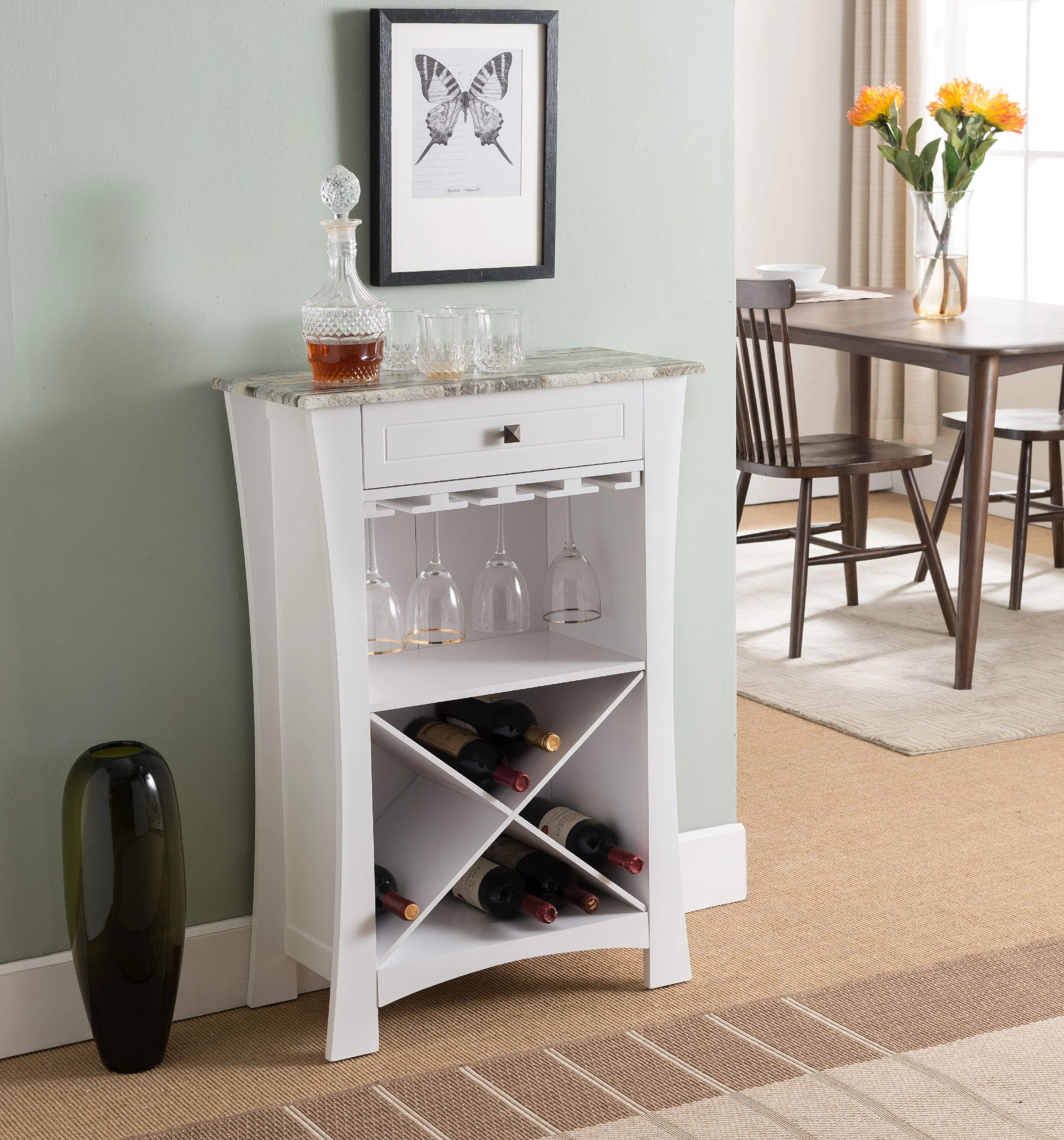Jasper Wine Storage & Bar Cabinet With Glass Holders & Drawer, White & Marble Wood, Transitional