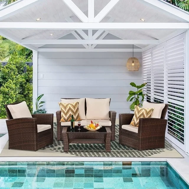 Superjoe 4 Pcs Outdoor Patio Furniture Set Wicker Sectional Sofa with Coffee Table, Brown