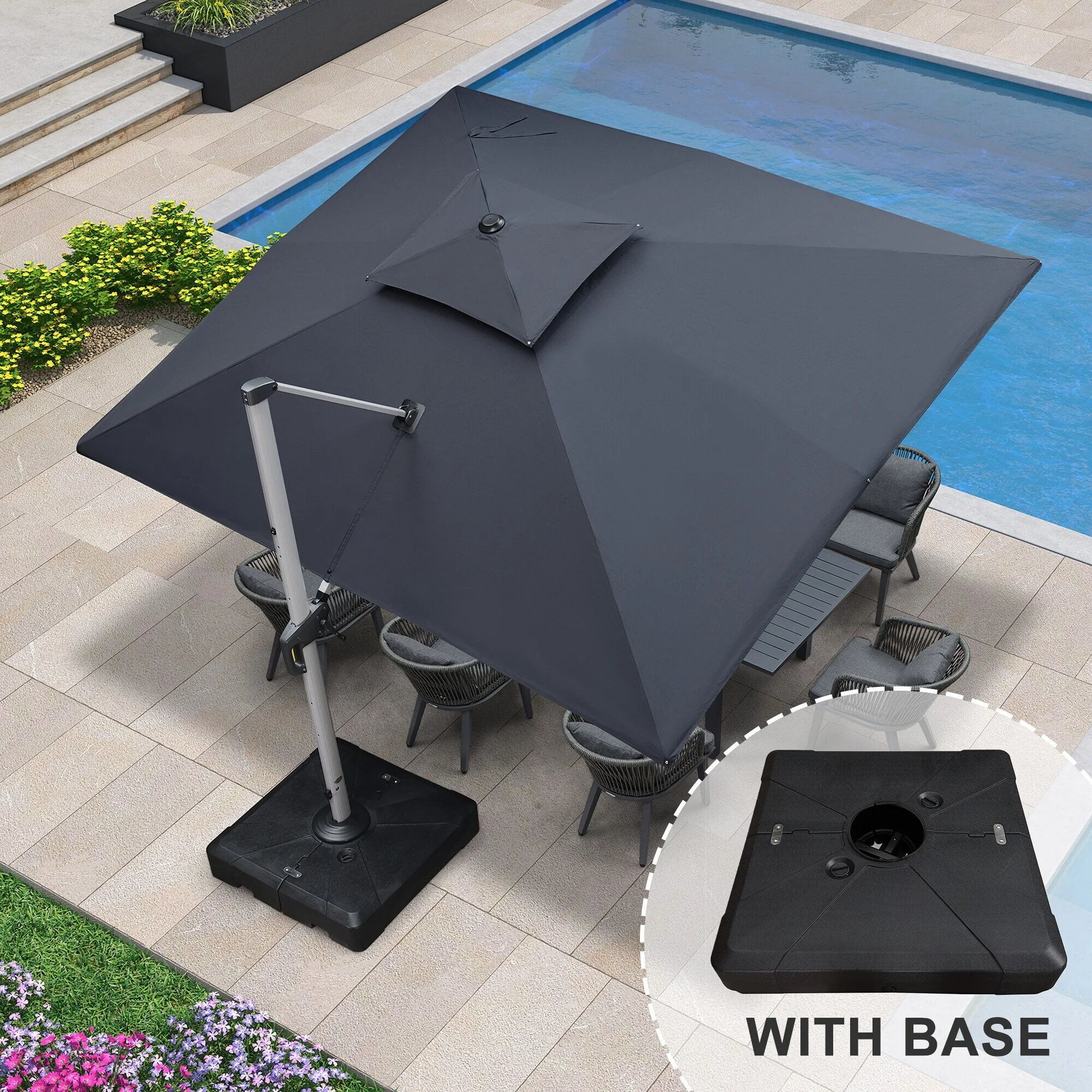 PURPLE LEAF  10 x 12ft Outdoor Rectangle Large Cantilever Umbrella with Base Grey