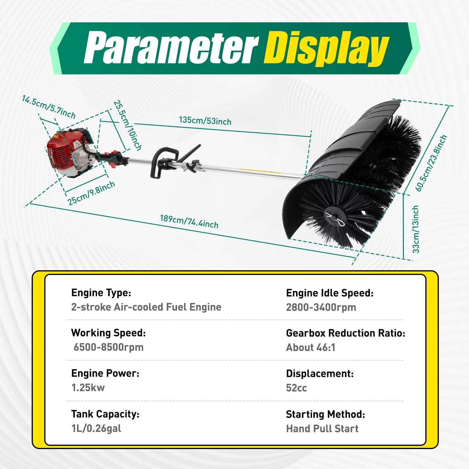 YIYIBYUS Sweeper 52cc 2.3HP Handheld Cleaning Brush Broom for Driveway Turf Artificial Grass Snow Cleaning Street Floor Leaves Sweeping