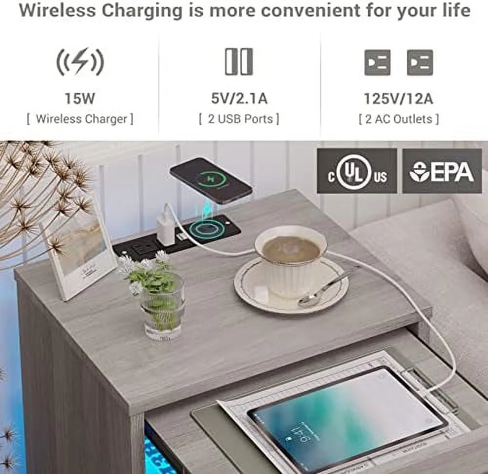 NLIBOOMLife Black Nightstand with LED Lights and Charging Station  LED Bedside Table with Open   2 Drawers  1 Pull-Out Tray  End Table.