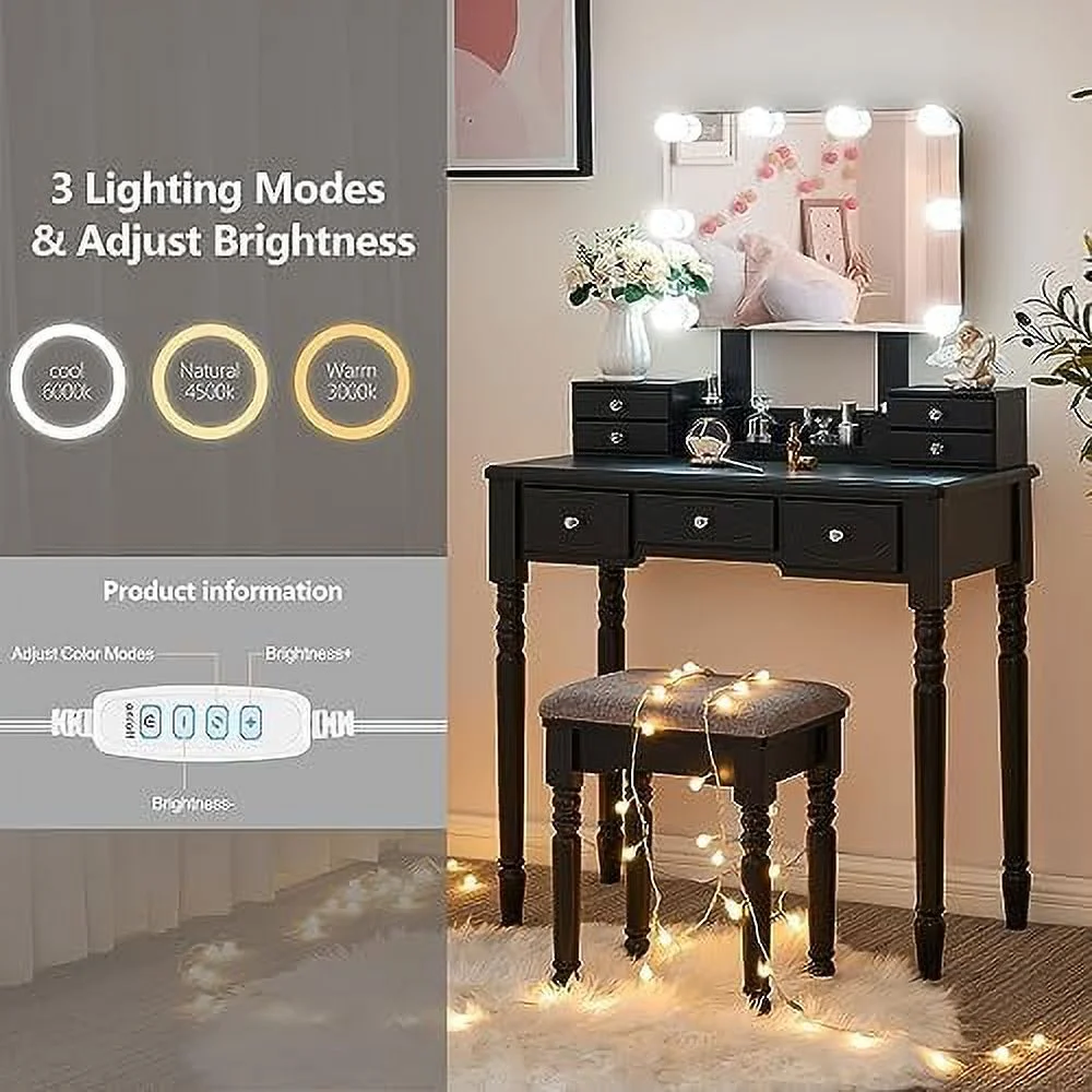 SJOPLMN Vanity Desk Vanity Set with Lighted Mirror  Vanity Desk Table Set Large 8 LED Bulbs Frameless Mirror 3 Colors Modes Dimming Cushioned Stool 7 Drawers 3 Dividers White UBDT03W