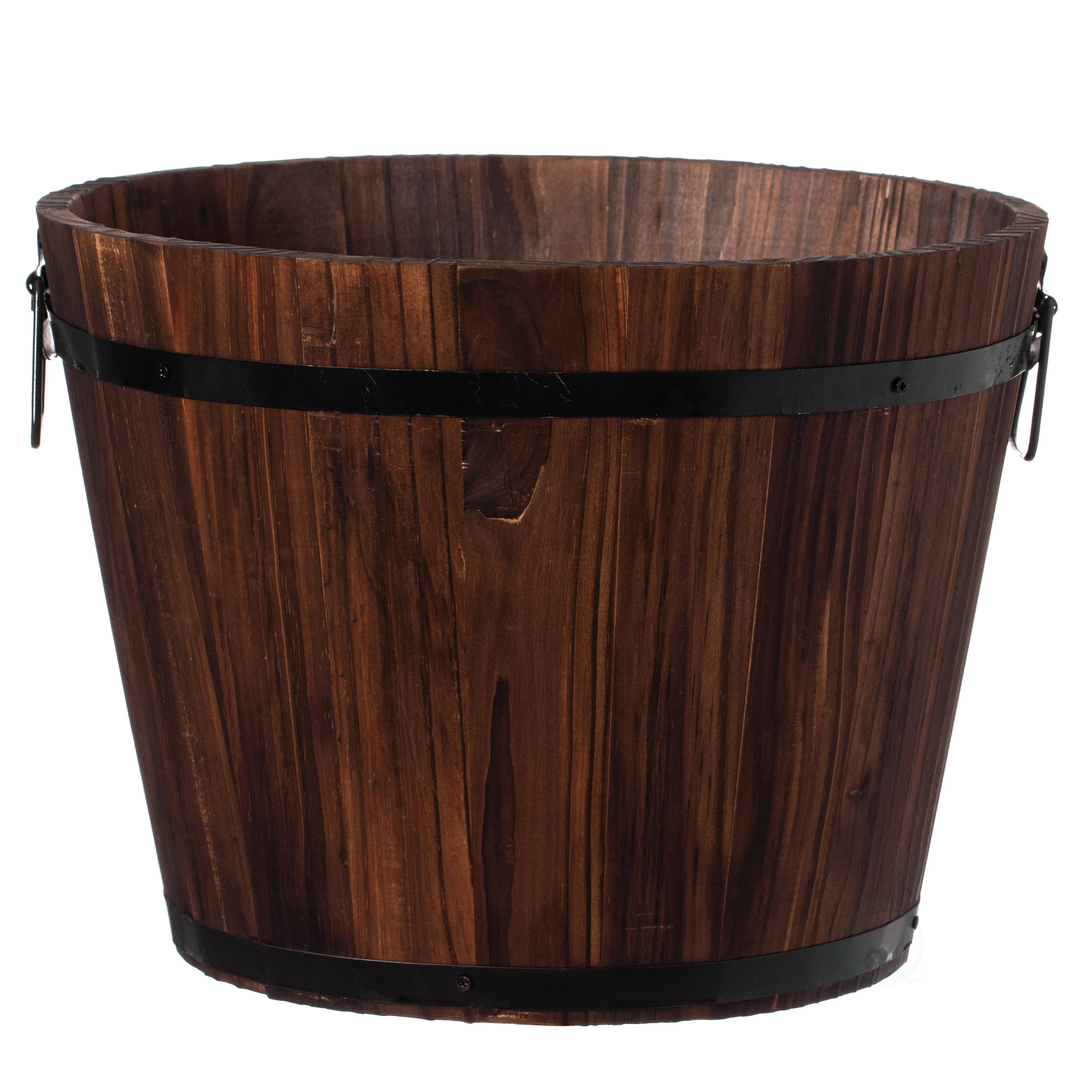 Rustic Wooden Whiskey Barrel Planter with Durable Medal Handles and Drainage Holes - Perfect for Indoor and Outdoor Use