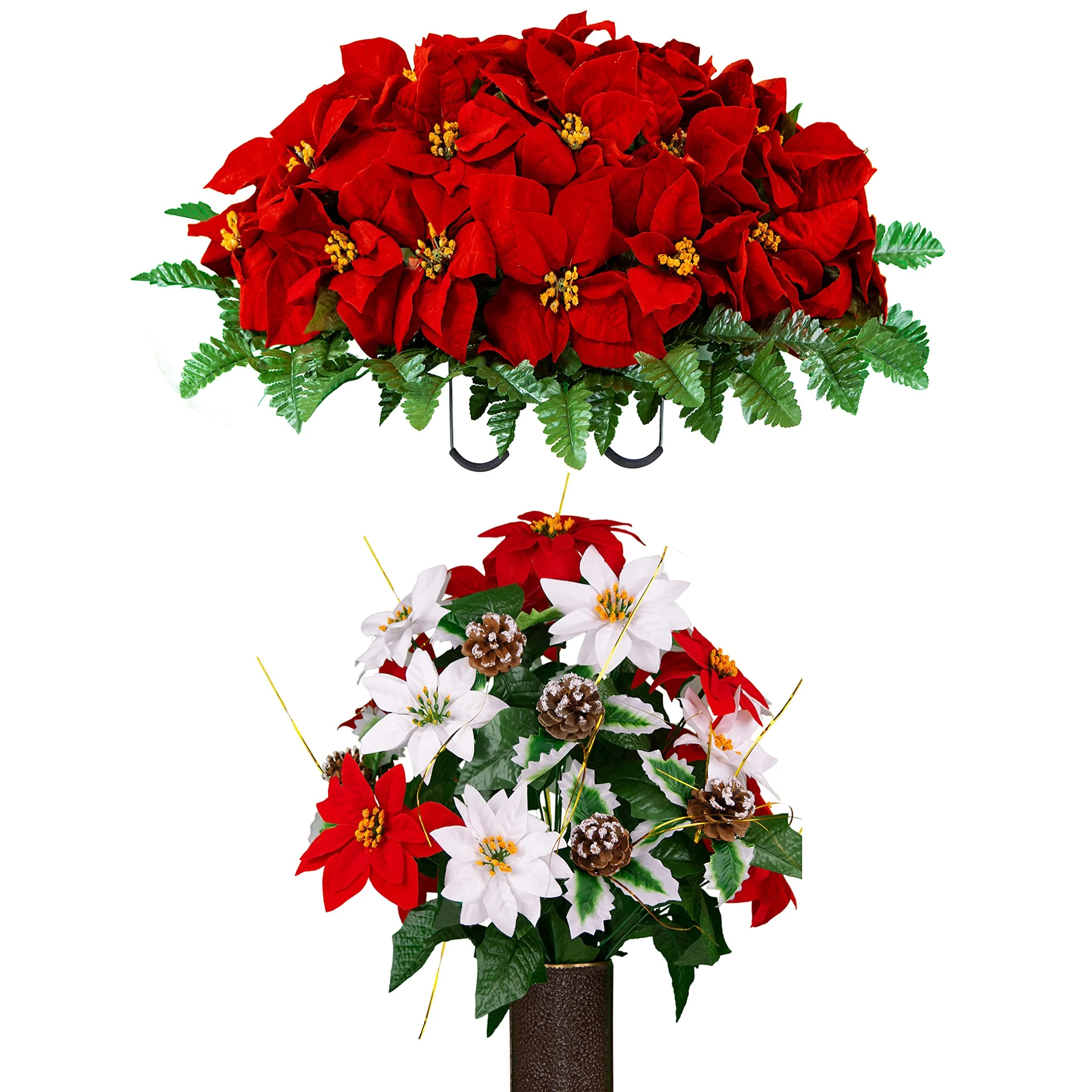 Sympathy Silks Artificial Cemetery Flowers 1 Red Poinsettia Bouquet & 1 Red/White Saddle