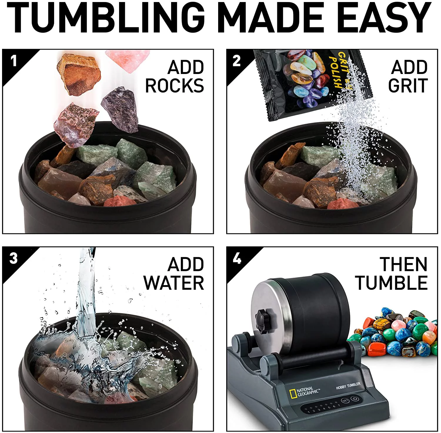 NATIONAL GEOGRAPHIC Hobby Rock Tumbler Kit - Includes Rough Gemstones, 4 Polishing Grits, Jewelry Fastenings and Detailed Learning Guide
