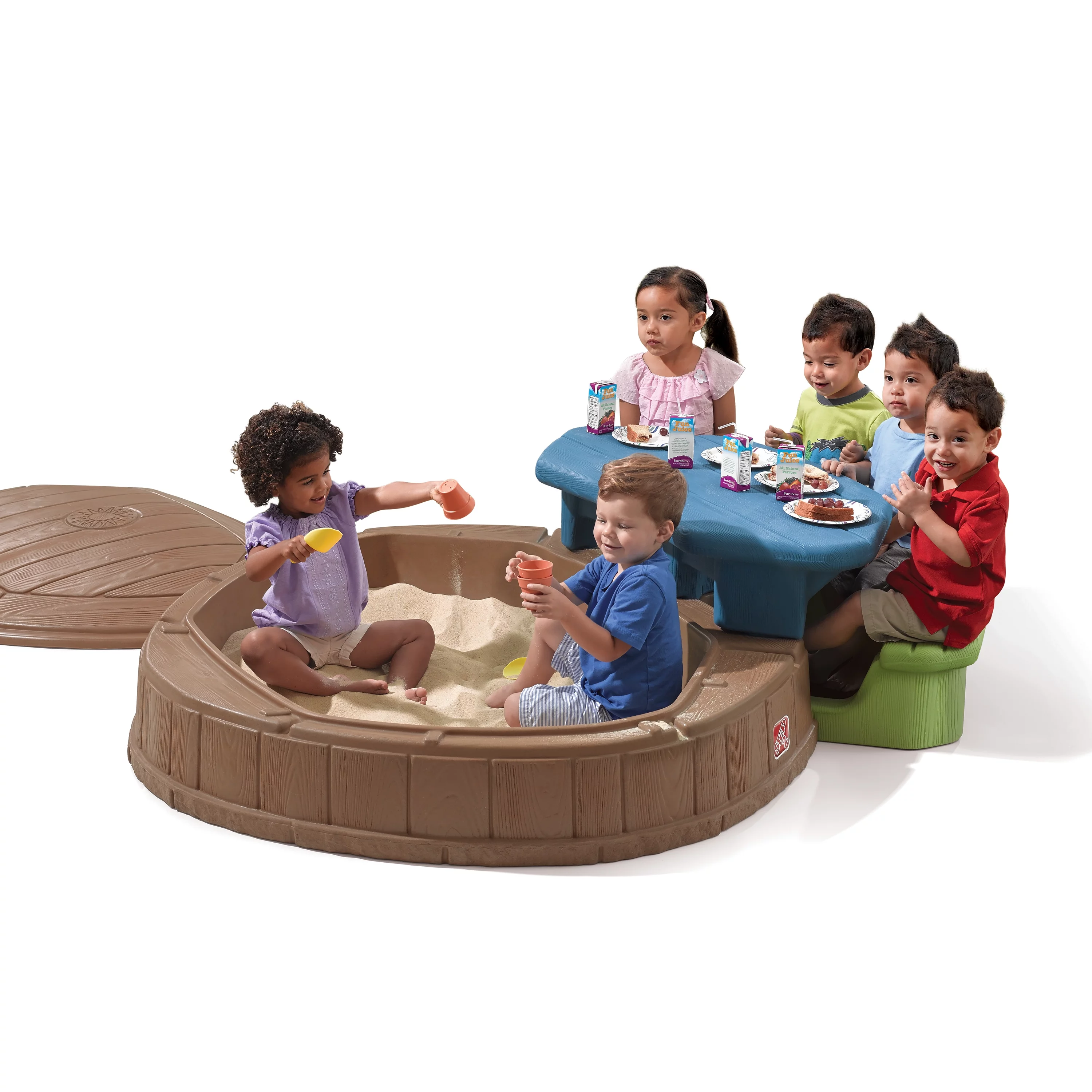 Step2 Summertime Play Center and Brown Plastic Sandbox for Kids with Cover Picnic Table and Umbrella