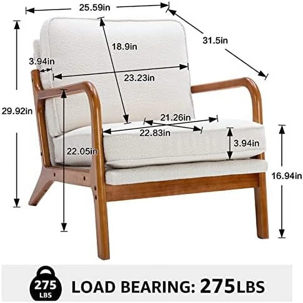 xrboomlife Modern Mid-Century Accent Chairs  Teddy Fabric Upholstered Padded Reading Chair  Side Chair  Arm Chair Wooden Lounge Chair for Living Room  Bedroom (Beige Teddy)