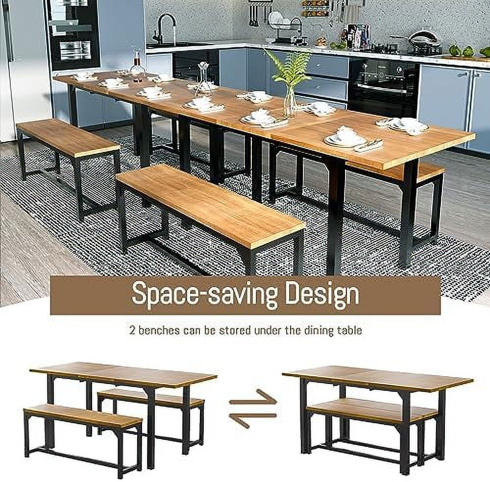FDIGLUL 63 Inch Dining Table Set for 4-8  3-Piece Extendable Kitchen Table Set with 2   Metal Frame & Wood Board  Space-Saving Breakfast Dining Room Table Set for Home Kitchen  Walnut