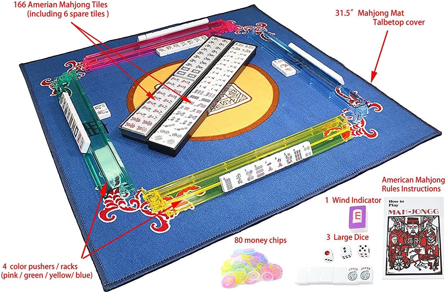 Birsppy We Pay Your Sales Tax Free Tabletop Cover + 166 Tiles Black Bag with Blue Stitiches American Mahjong Set