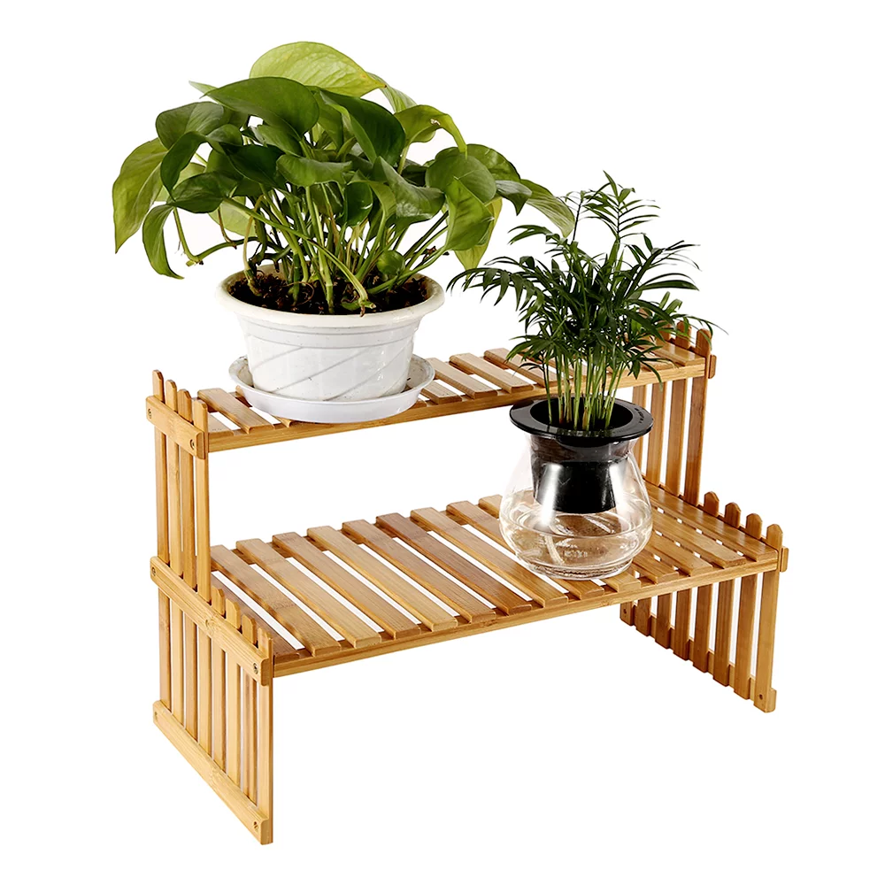 ODOMY Tabletop Natural Bamboo Plant Stand-2 Tier Desktop Shelf Rack