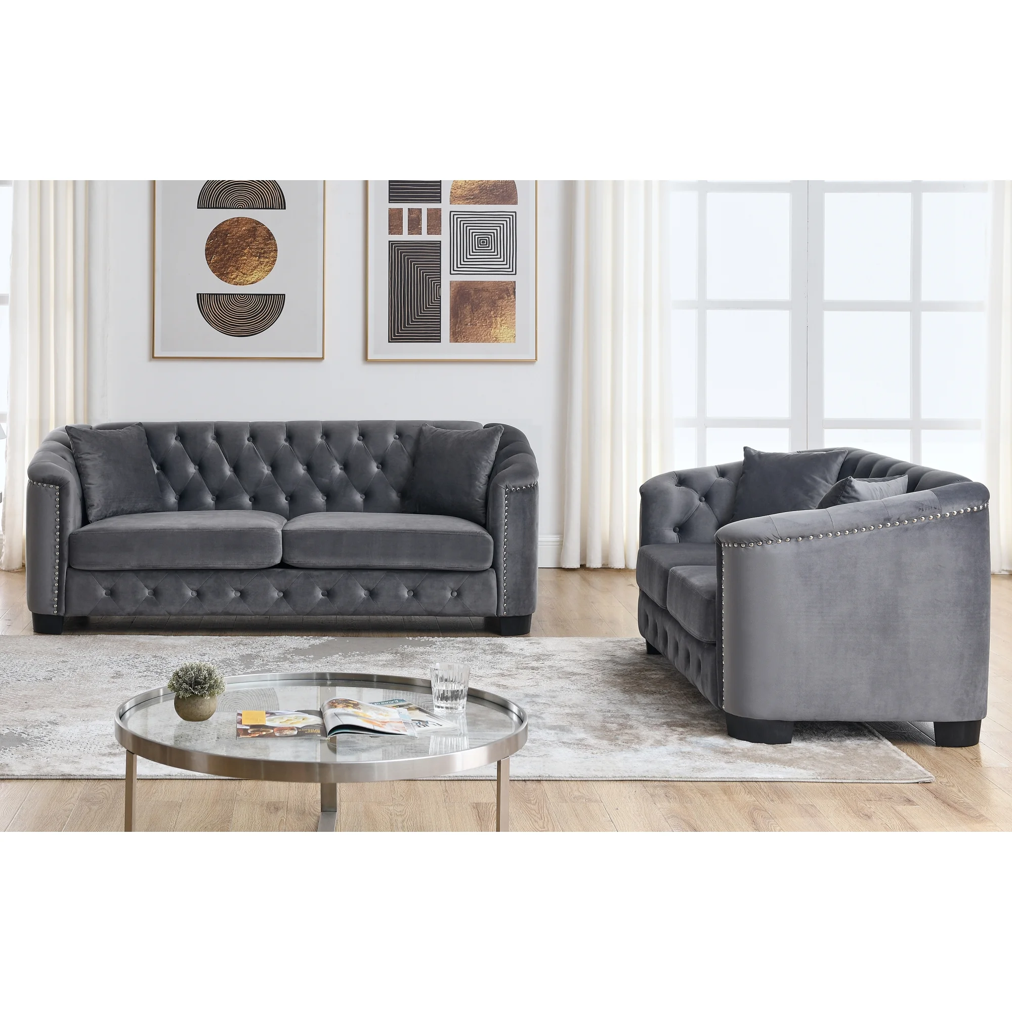 Elegant Velvet Grey Sofa Set: 3-Seater Plus 2-Seater Combination for Sophisticated Comfort and Style
