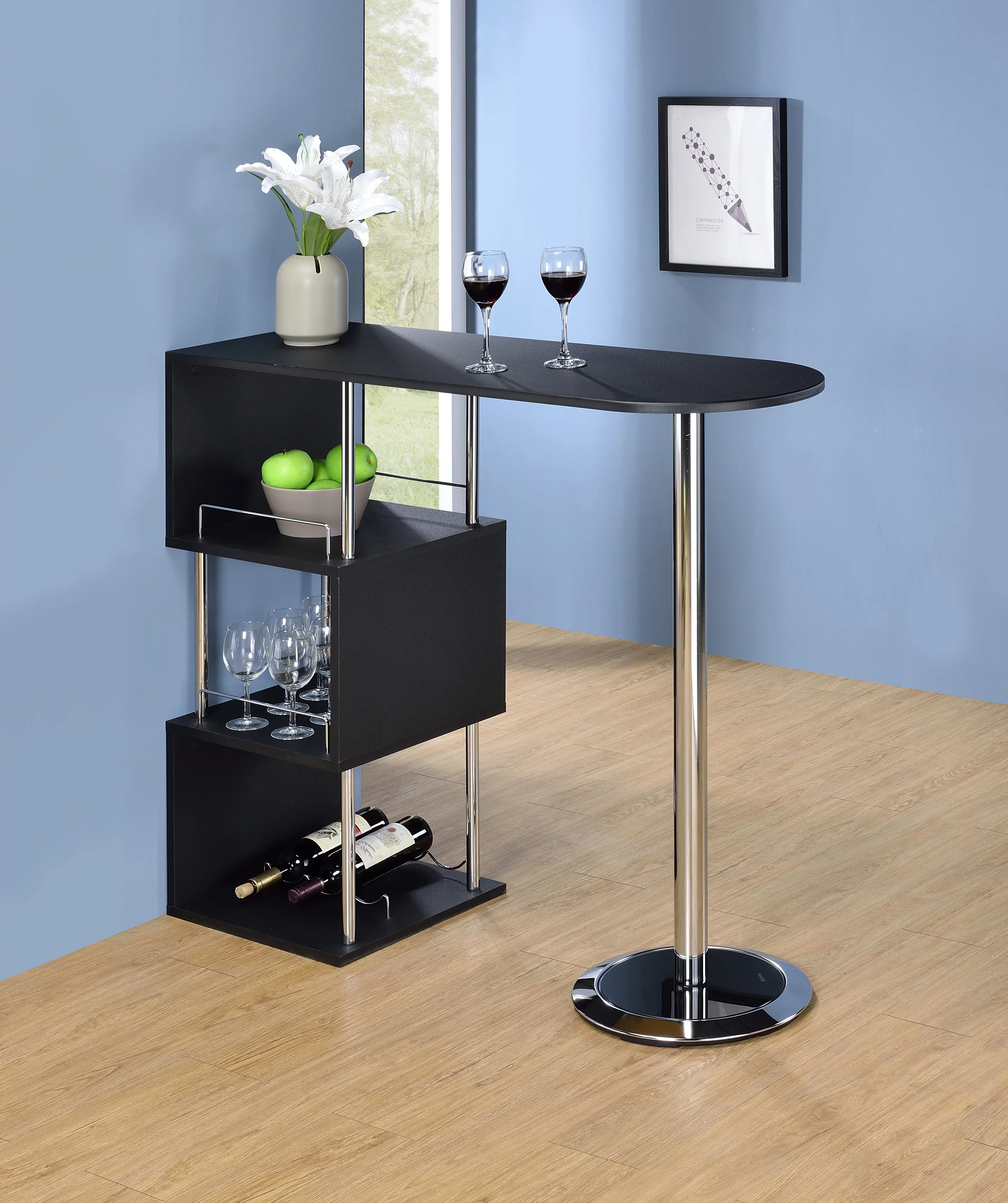 Lapeer Modern Bistro Bar Table with Wine Rack, Black Wood & Chrome Metal