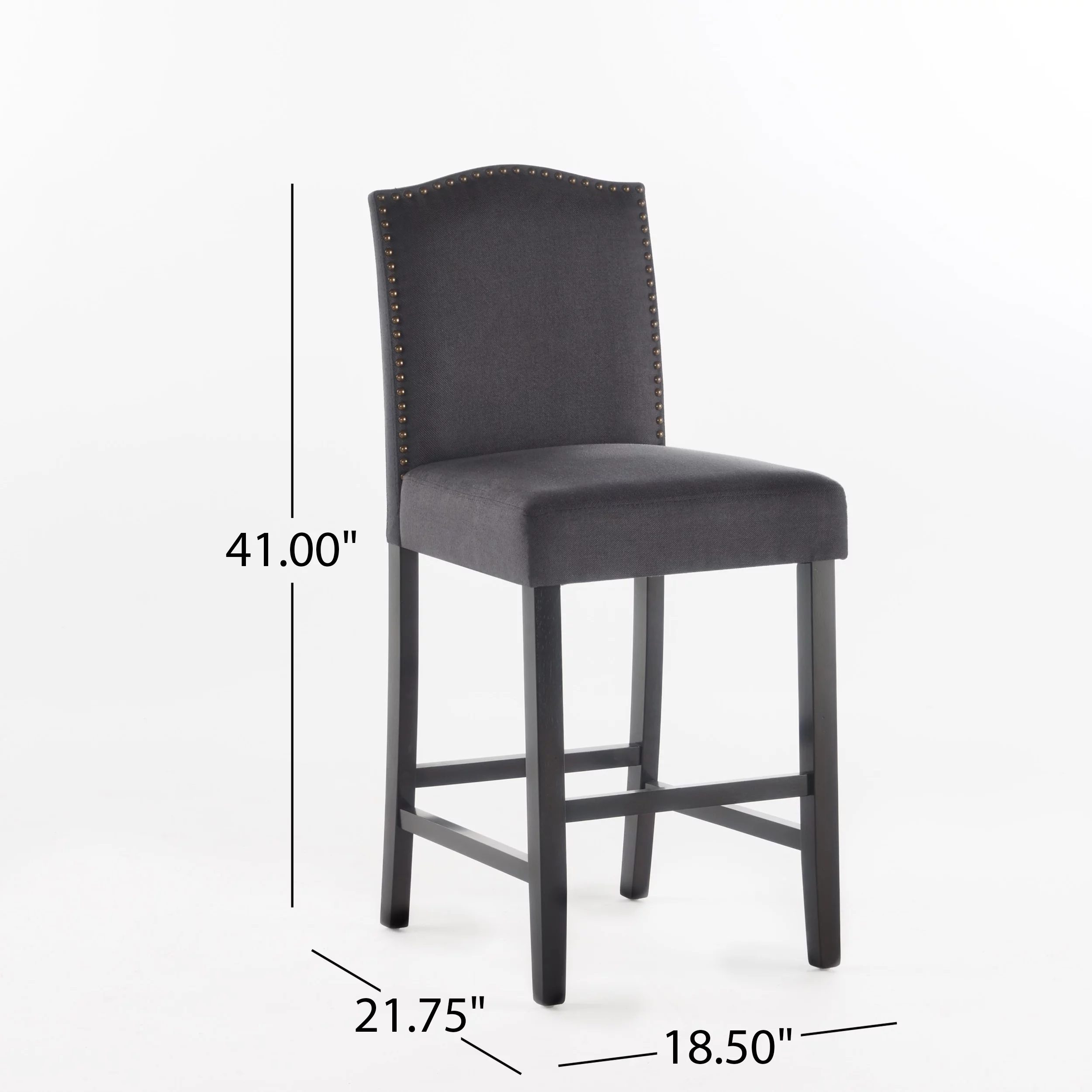 Noble House Merritt Fabric Upholstered Counter Stool with Nailhead Trim, Set of 2, Dark Charcoal and Walnut