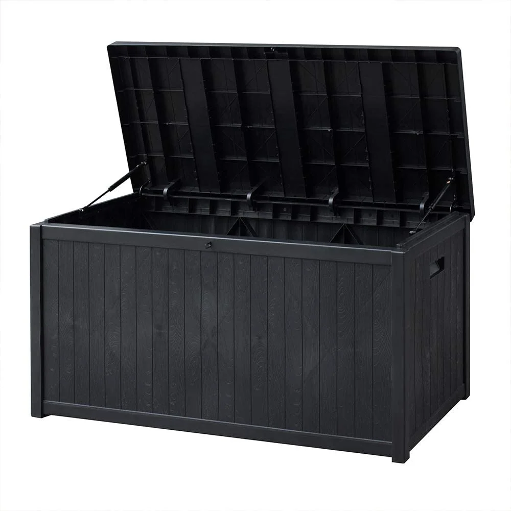 Superjoe 120 Gallon Outdoor Deck Storage Box, Patio Resin Storage Bin Outdoor Cushion Storage, Wooden-Like (Black)